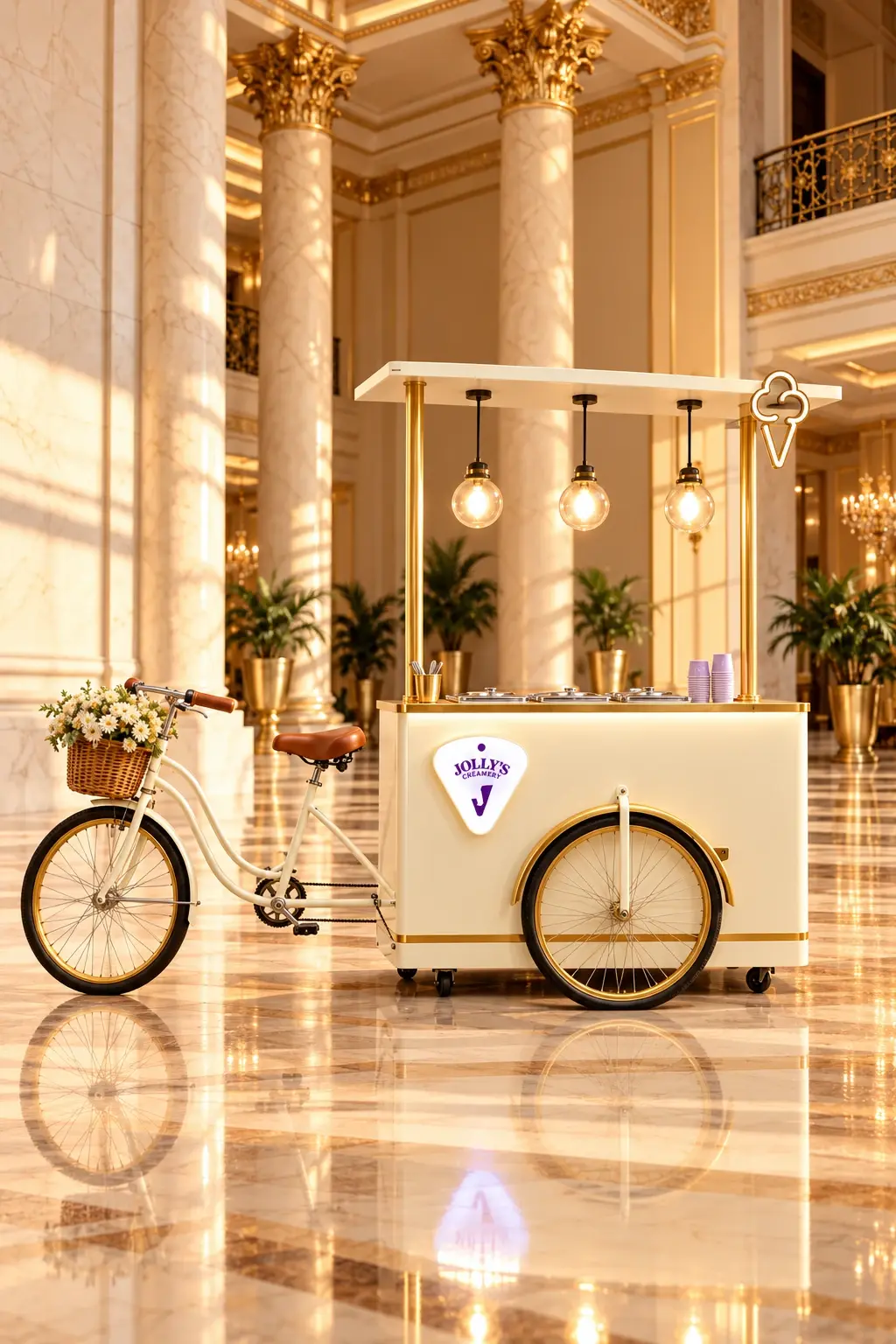 Vanilla Cream Jolly's cart with a bicycle in a marble hotel lobby