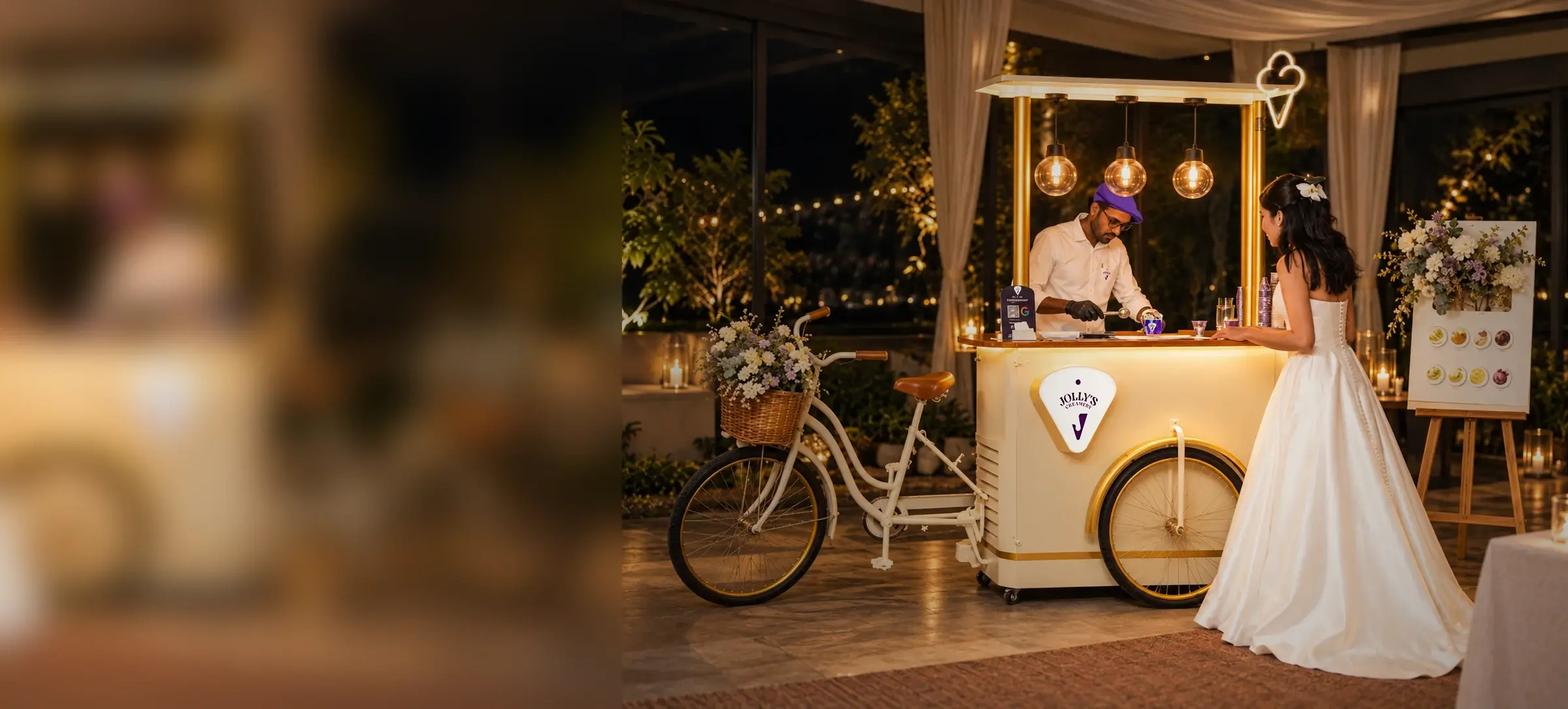 A bride at the Vanilla Cream Jolly's cart at night, its host scooping under pendant lights