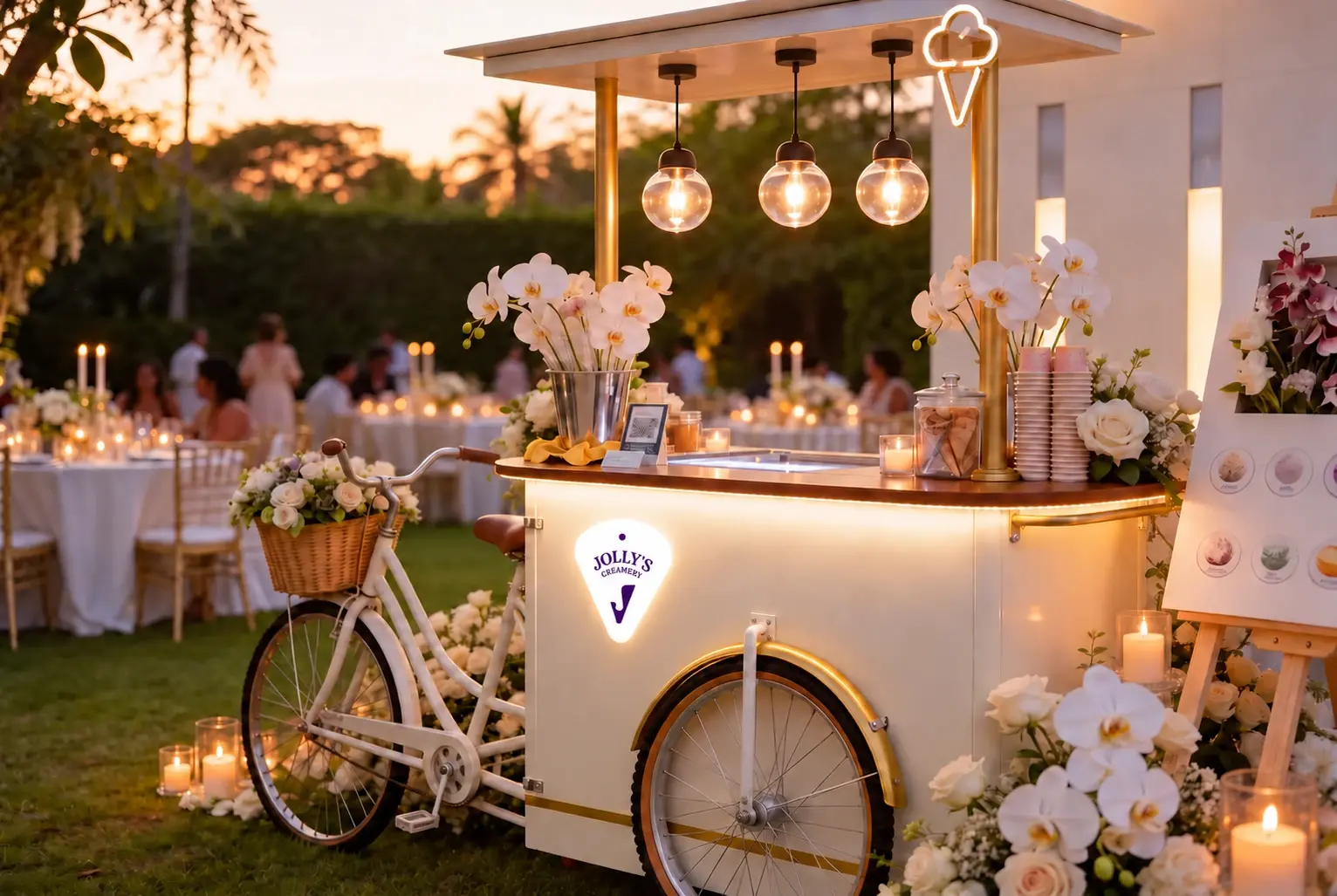 Jolly's Vanilla Cream cart dressed with orchids at a candlelit garden wedding at sunset