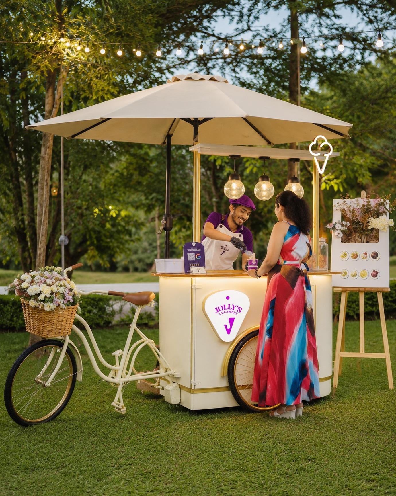 Jolly's Vanilla Cream cart at dusk under string lights, the host serving a guest